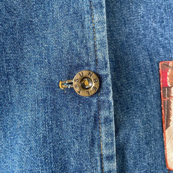 🔥VTG 90s Sunbelt Denim Vest Western Boho Ethnic Feathers print Patched Chains M - Picture 5 of 16